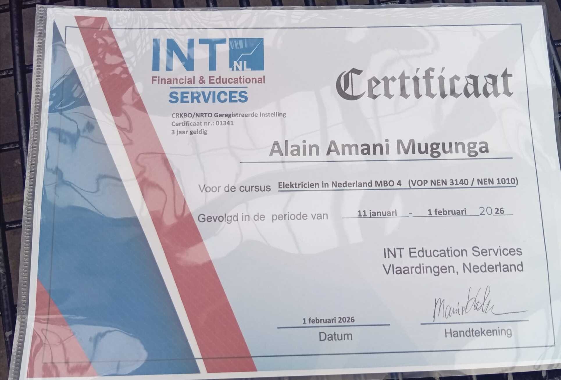 MBO 4 Certificaat Elektricien in Nederland — NEN 3140 NEN 1010 — Alain Mugunga — INT Education Services CRKBO NRTO